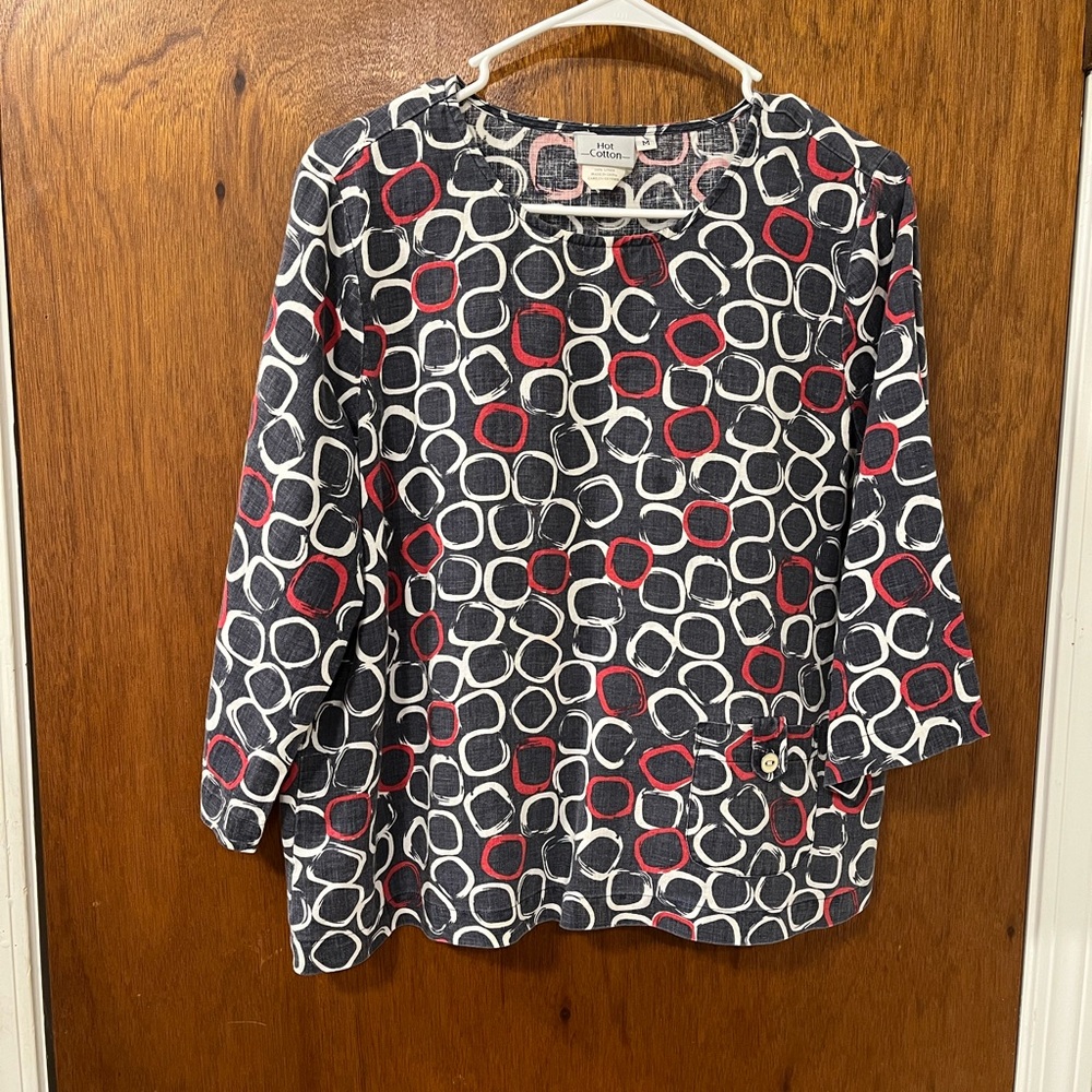 Hot Cotton Abstract Pattern Blouse - Red, Denim Blue and White